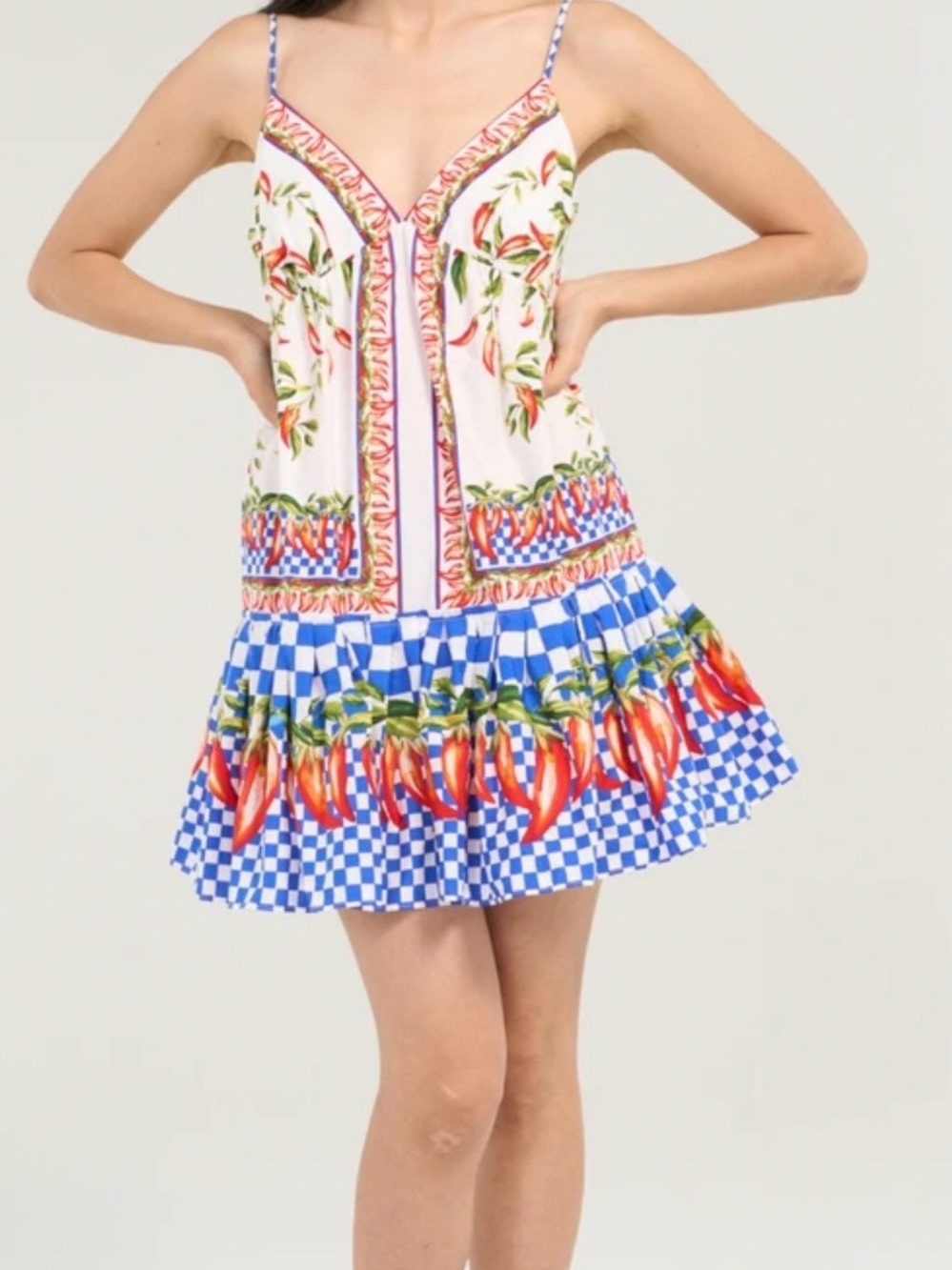 FARM Rio White Sundress with Blue Check & Red Chili Motif